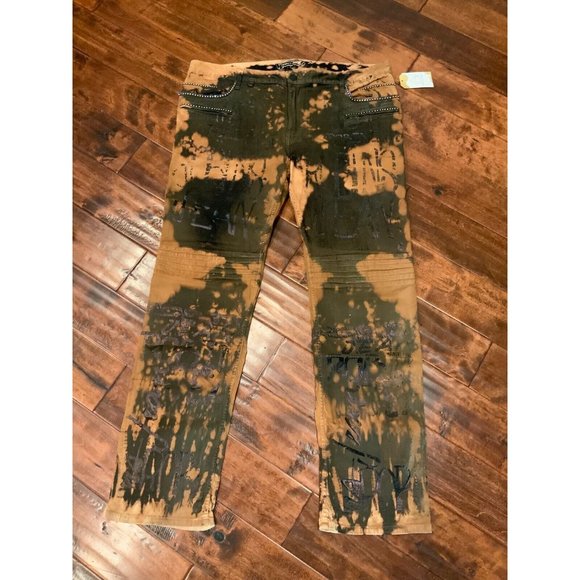 Robins Jean 'Motaro' Brown Acid Washed Denim Biker Jeans w/ Jewels, Size 42